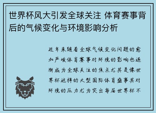 世界杯风大引发全球关注 体育赛事背后的气候变化与环境影响分析 世界杯风大引发全球关注 体育赛事背后的气候变化与环境影响分析