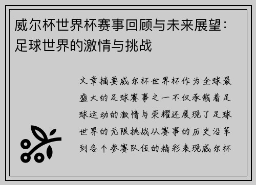 威尔杯世界杯赛事回顾与未来展望:足球世界的激情与挑战 威尔杯世界杯赛事回顾与未来展望:足球世界的激情与挑战